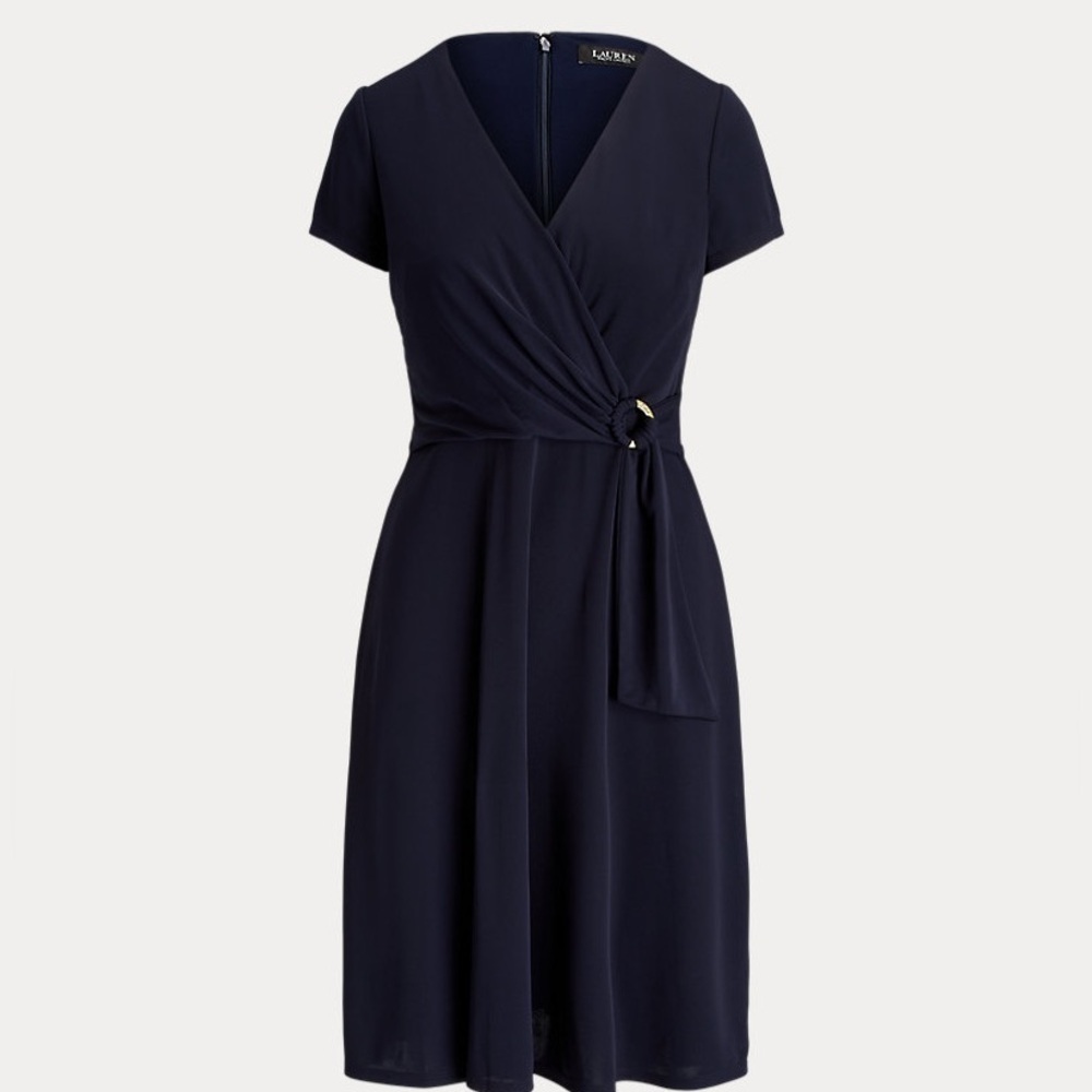 Lauren Ralph Lauren Faux Wrap Belted  A Line Knee Length Dress Black Sz 4 - Picture 2 of 11